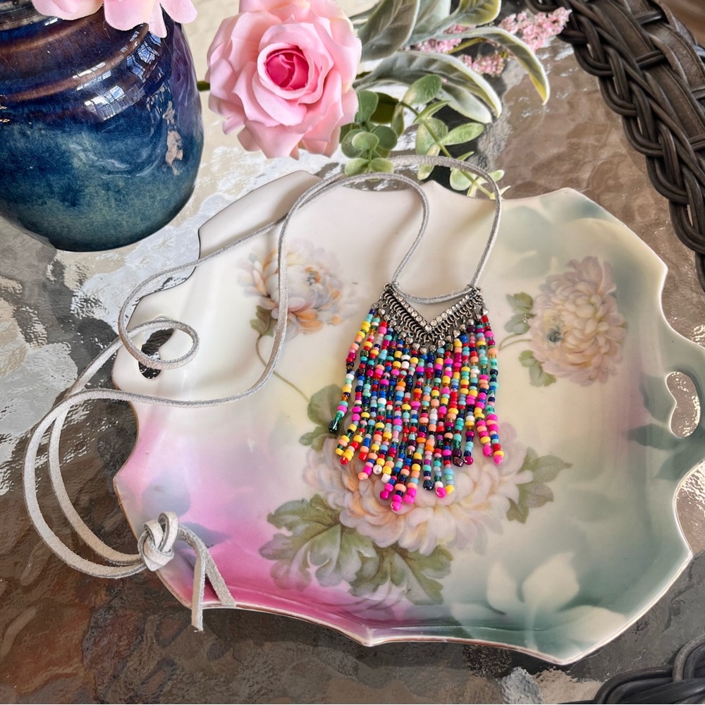 Beautiful Boho Bright Colored Beaded Tassel Rhinestone Accents Pendant Necklace
